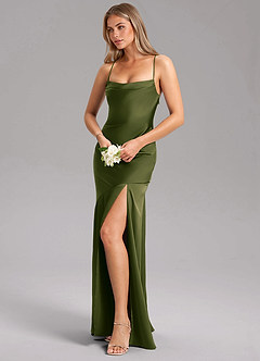 Azazie Grata Bridesmaid Dresses Bright Olive Mermaid Side Slit Stretch Satin Dress image4