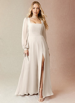 Azazie Leonia Brautjungfernkleider A-Linie Langarm Chiffon Kleid Alabaster Weiß image7