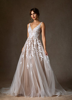 Azazie Sorella Wedding Dresses Diamond White Caramel A-Line V-Neck Sequins Tulle Dress image7