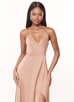 Azazie Maksim Bridesmaid Dresses Rose Gold A-Line V-Neck Stretch Satin Dress image5
