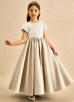 Azazie Cashew Flower Girl Dresses Champagne Ball-Gown with Sleeves Matte Satin Dress image4