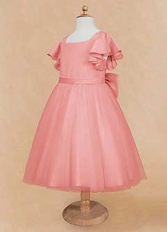 Azazie Kaeya Flower Girl Dresses Coral A-Line Bow Tulle Dress image7