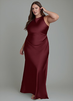 Azazie Evadne Bridesmaid Dresses Cabernet Sheath Pleated Stretch Satin Dress image5