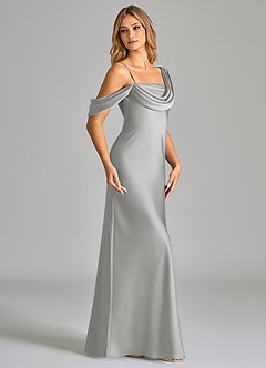 Azazie Celina Bridesmaid Dresses Silver Sheath Off the Shoulder Stretch Satin Dress image4