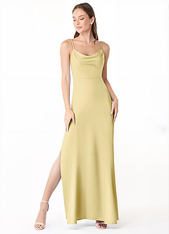 Azazie Alaija Bridesmaid Dresses Lemon Sorbet Mermaid Side Slit Stretch Satin Dress image2
