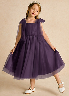 Azazie Dori Robe Demoiselle D'honneur Fillette Robe Trapèze en Tulle Rayé Prune image4