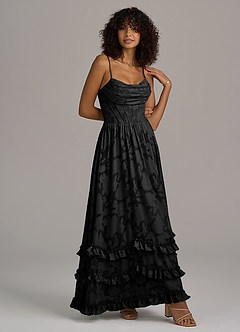Azazie Lettie Bridesmaid Dresses Black A-Line Corset Floral Burnout Dress image3