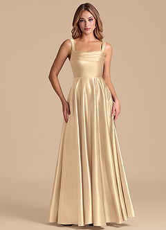 Azazie Shaude 신부 들러리 드레스 A라인 주름진 메탈릭 새틴 바닥 길이 드레스 image5