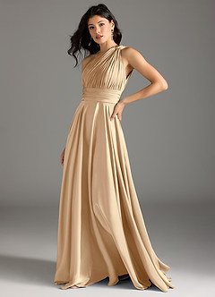 Azazie Charlize Jurken voor bruidsmeisjes Jurk van Stretch Satijn met A-lijn One-shoulder Champagne image12