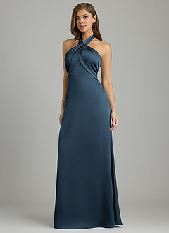 Azazie Nicole Bridesmaid Dresses Dark Navy A-Line Stretch Satin Dress image3