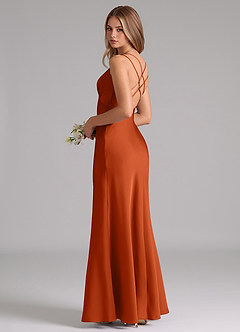 Azazie Suttona Vestidos de damas de honor Vestido de Naranja Quemada de Satén Elástico de Corte en A con Plisado image1