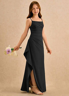 Azazie Cannoli Girls Formal Robe Demoiselle D'honneur Fillette Robe Trapèze en Mousseline de soie Plissée Noir image1