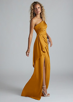 Azazie Maive Robes de demoiselle d'honneur Robe Fourreau en Satin extensible Rayé Caramel écossais image11