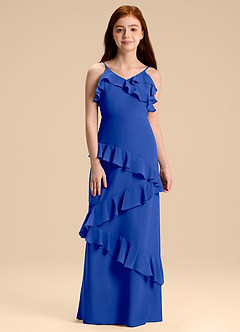 Azazie Evara Junior Abito A-Line in Chiffon Blu Reale image3