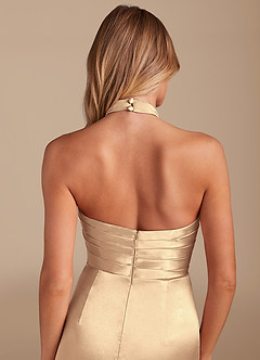 Azazie Jemma Bridesmaid Dresses Gold Sheath Pleated Metallic Satin Dress image2