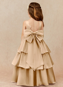 Azazie Margie Flower Girl Dresses Gold A-Line Bow Stretch Satin Dress image1