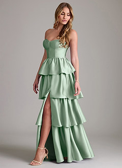 Azazie Faye Bridesmaid Dresses Agave A-Line Ruched Stretch Satin Dress image3