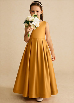 Azazie Cailee Flower Girl Dresses Butterscotch Ball-Gown Pleated Matte Satin Dress image3