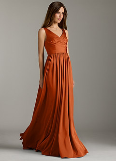 Azazie Keyla Bridesmaid Dresses Burnt Orange A-Line Pleated Stretch Satin Dress image1