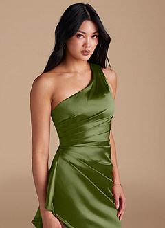 Azazie Latrice Brautjungfernkleider Etui One-Shoulder Metallischer Satin Kleid Olivgrün image3