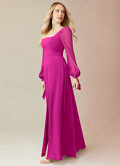 Azazie Leonia Jurken voor bruidsmeisjes Jurk van Chiffon met A-Lijn Lange mouw Fuchsia image4