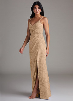 Azazie Maci Bridesmaid Dresses Champagne Sheath Pleated Floral Burnout Dress image3