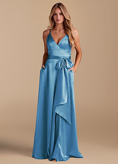 Azazie Sophia Final Sale Steel Blue A-Line with Pockets Metallic Satin Dress image3