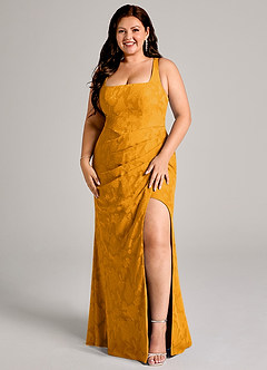 Azazie Mero Brautjungfernkleider Etui Plissee Blumen-Burnout Kleid Butterscotch image7