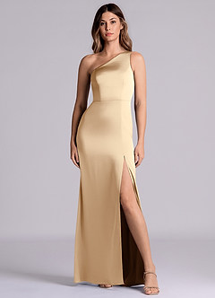 Azazie Phaedra Bridesmaid Dresses Champagne A-Line One Shoulder Stretch Satin Dress image4