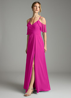 Azazie Dakota Bridesmaid Dresses Fuchsia A-Line V-Neck Pleated Chiffon Dress image4