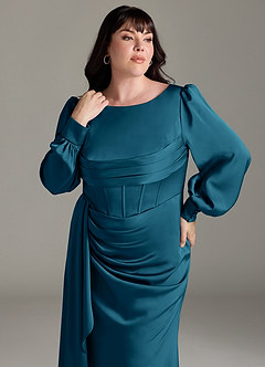 Azazie Raye Robes de demoiselle d'honneur Robe Sirène en Satin extensible Manche longue Bleu Encre image11