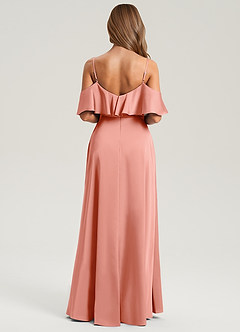 Azazie Jean Bridesmaid Dresses Coral A-Line Off the Shoulder Stretch Satin Dress image2