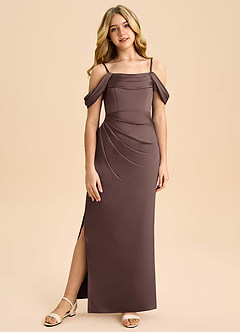 Azazie Saige Junior Robe Fourreau en Satin extensible Épaule décolletée Ganache image3