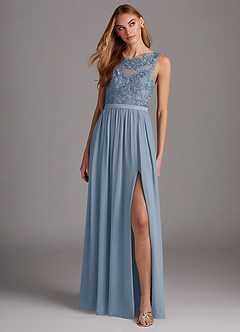 Azazie Elly Robes de demoiselle d'honneur Robe Trapèze en Mousseline de soie Encolure dégagée en dentelle Bleu Poussiéreux image3