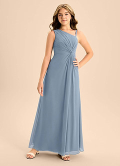 Azazie Brooke Junior Vestido de Azul Polvoriento de Gasa de Corte en A con Corte Lateral image4