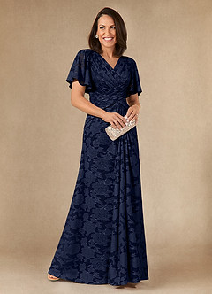 Azazie Emmeline Mother of the Bride Dresses Dark Navy A-Line Pleated Floral Burnout Dress image1