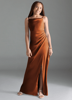 Azazie Leonis Junior Cinnamon A-Line Pleated Stretch Satin Dress image1