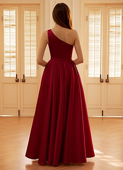 Millie Burgundy One Shoulder A-line Satin Prom Dress image2