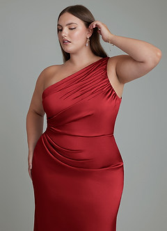 Azazie Akilah Bridesmaid Dresses Scarlet Mermaid One Shoulder Stretch Satin Dress image13