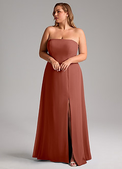Azazie Wren Vestidos de madrinha de casamento Vestir Castanho Aloirado de Chiffon de Linha A com Fenda Lateral image10