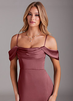 Azazie Saige Bridesmaid Dresses Desert Rose Sheath Off the Shoulder Stretch Satin Dress image2