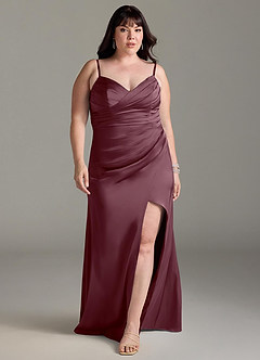 Azazie Yola Bridesmaid Dresses Sangria Sheath V-Neck Pleated Stretch Satin Convertible Dress image9