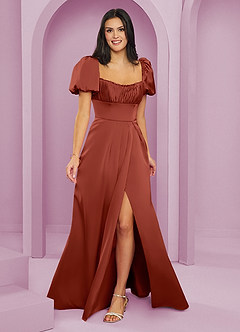 Barbie ♥ Azazie Bridesmaid Dresses Terracotta A-Line Ruched Stretch Satin Dress image1