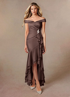 Azazie Billings Mother of the Bride Dresses Ganache Mermaid Off the Shoulder Stretch Satin Dress image6