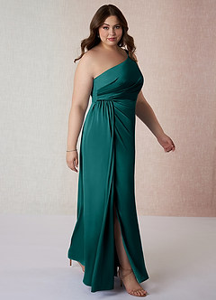 Azazie Mika Bridesmaid Dresses Peacock Sheath One Shoulder Stretch Satin Dress image10