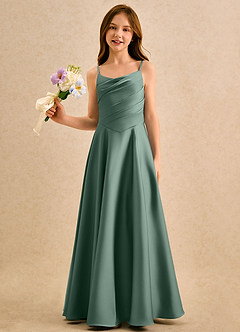 Azazie Coconut Girls Formal Flower Girl Dresses Eucalyptus A-Line Pleated Stretch Satin Dress image4