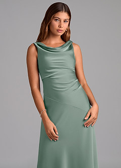 Azazie Nerine Bridesmaid Dresses Silver Sage A-Line Pleated Stretch Satin Dress image6