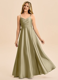 Azazie Rumi Junior Vestido de Musgo Verde de Satén Elástico de Corte en A con Plisado image1