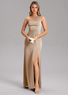 Azazie Phaedra Bridesmaid Dresses Taupe A-Line One Shoulder Stretch Satin Dress image1