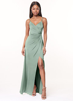 Azazie Maci Brautjungfernkleider A-Linie V-Hals Gefaltet Stretch-Satin Kleid Agave image1